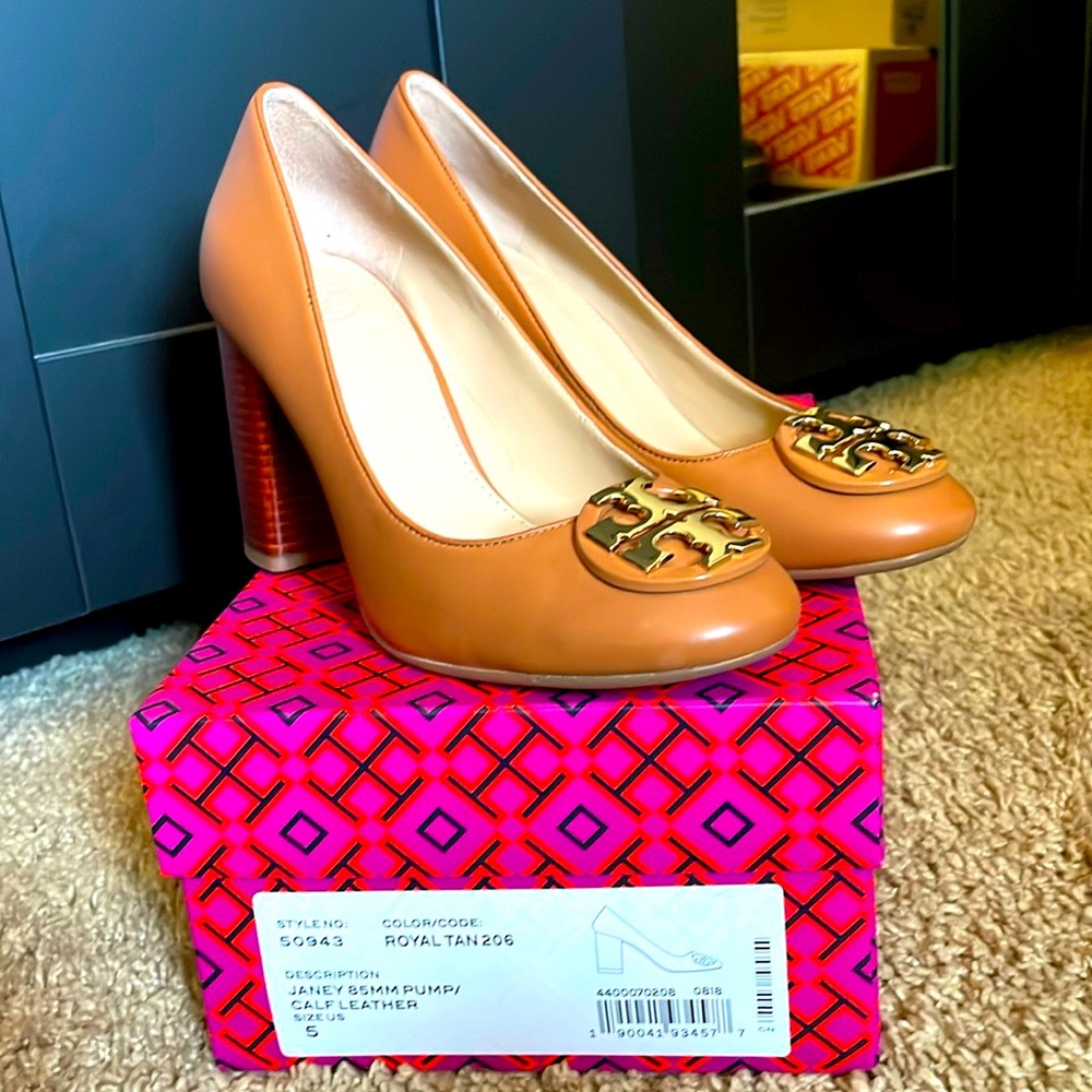 Tory Burch Janey 85MM Pump Calf Leather Royal Tan Size 5 #50943 EUC WORN ONCE